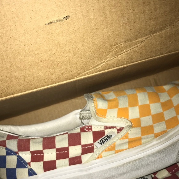 multi colored checkerboard slip on vans